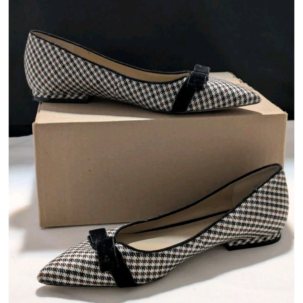 Ann Taylor Sz 6 Patricia Bow Flats Black White Brown Houndstooth Velvet Bow